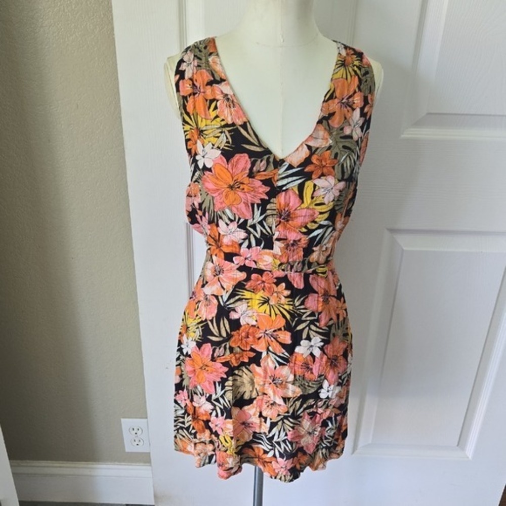 Billabong Tropical Floral Cross Back Cutout Mini Dress Black Orange Pink Medium